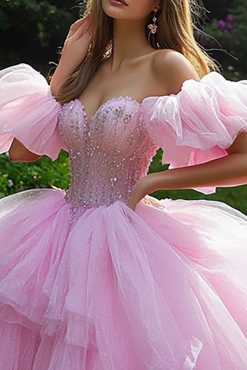 Princess Pink Ball Gown Off the Shoulder Ruffled Tulle Quinceanera Dress